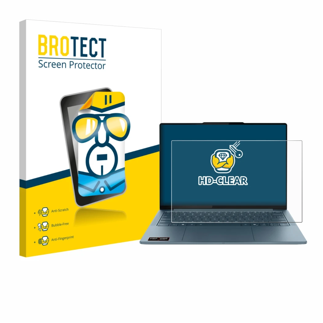 Front side of a product packaging with the brand logo BROTECT. Next to it is the device Lenovo Yoga Slim 7 Gen 10 14