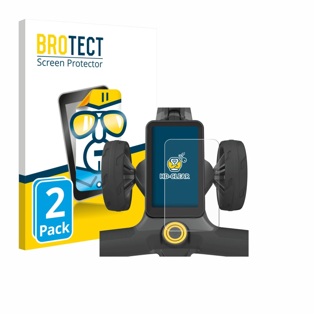 Front side of a product packaging with the brand logo BROTECT. Next to it is the device PowaKaddy CT12 GPS shown with the corr