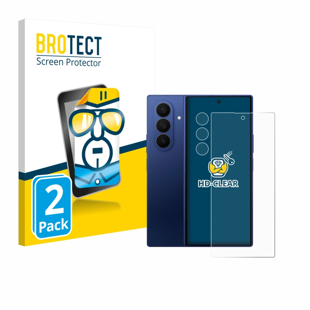 Front side of a product packaging with the brand logo BROTECT. Next to it is the device Samsung Galaxy Z Fold 7 (Front+Camera)