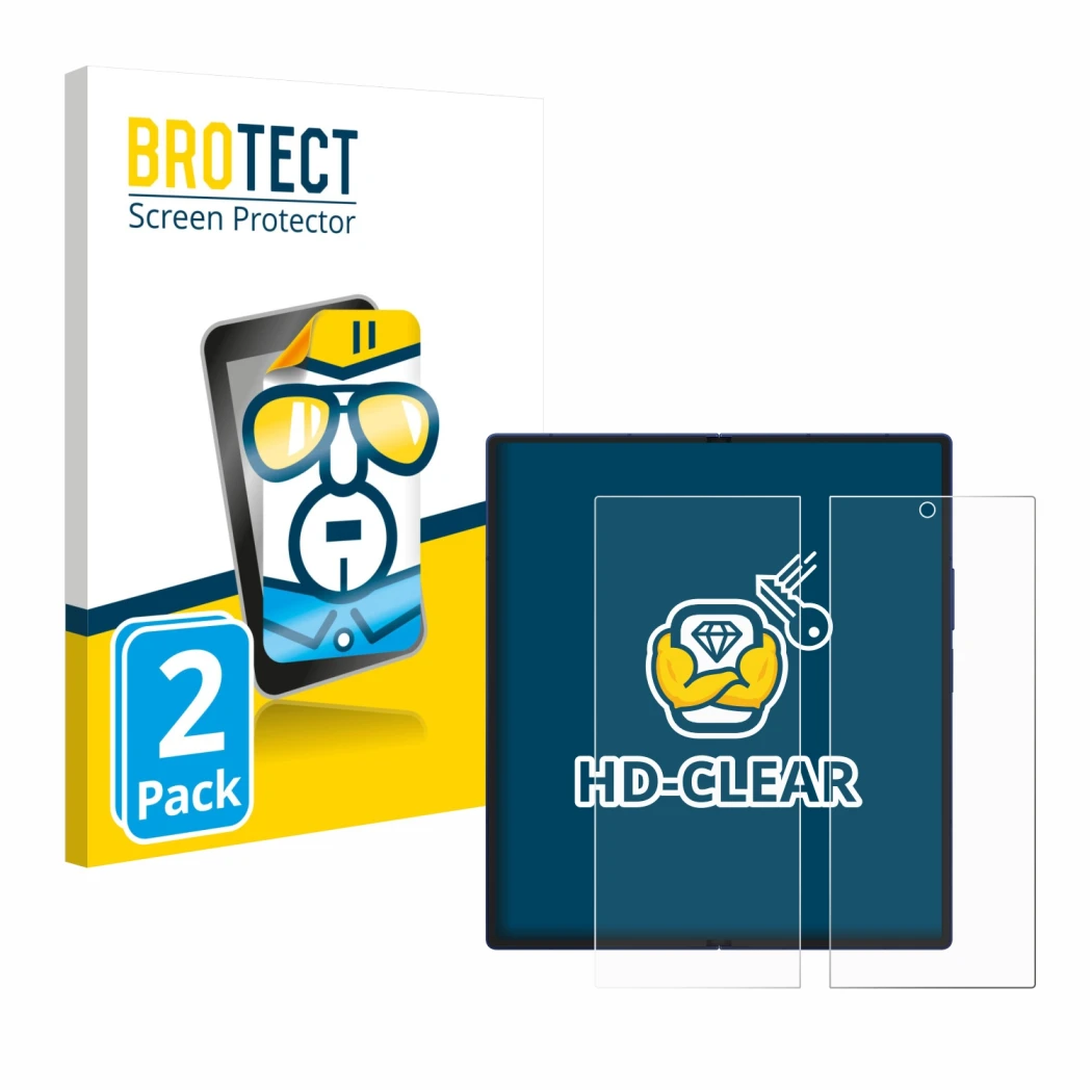 Front side of a product packaging with the brand logo BROTECT. Next to it is the device Samsung Galaxy Z Fold 7 (Inner display