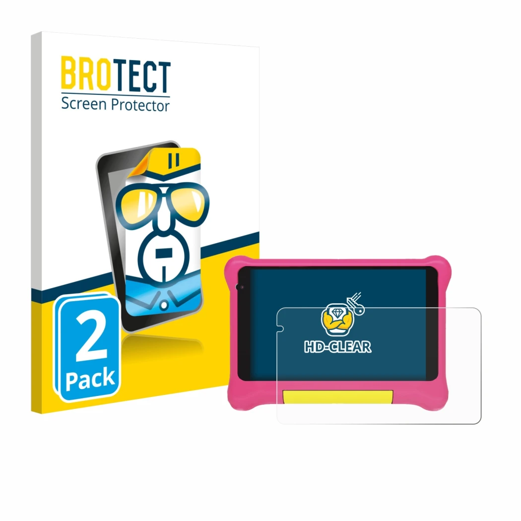 Front side of a product packaging with the brand logo BROTECT. Next to it is the device Happybe Kids Tablet 7