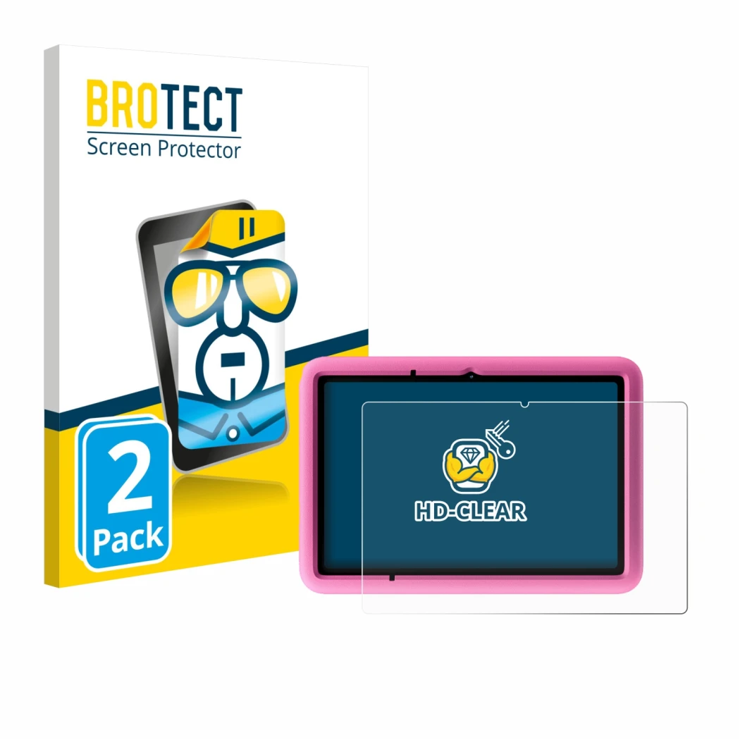 Front side of a product packaging with the brand logo BROTECT. Next to it is the device Blackview Tab A6 Kids shown with the c