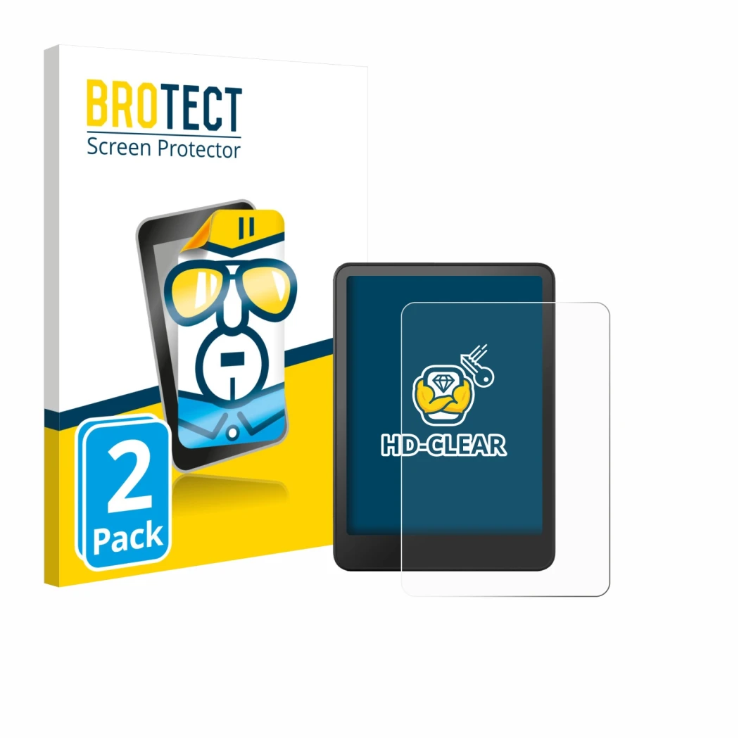 Front side of a product packaging with the brand logo BROTECT. Next to it is the device Amazon Kindle Colorsoft shown with the