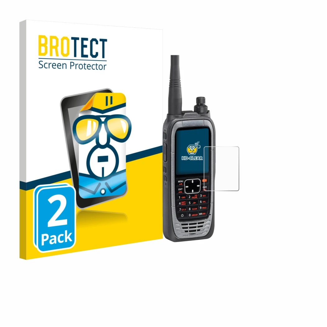 Front side of a product packaging with the brand logo BROTECT. Next to it is the device Icom IC-A25NE /IC-A25CE shown with the