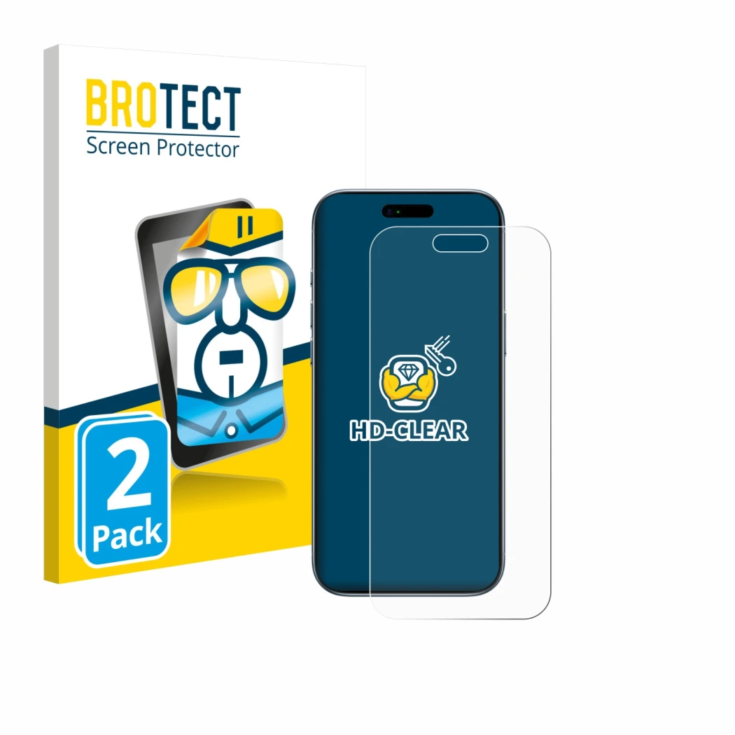 Front side of a product packaging with the brand logo BROTECT. Next to it is the device Apple iPhone Air shown with the corres