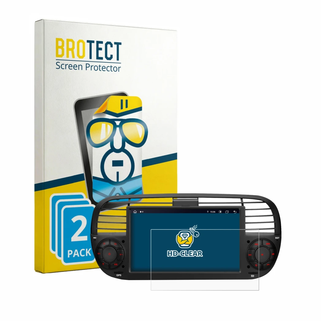 Front side of a product packaging with the brand logo BROTECT. Next to it is the device Xtrons IA7250FLBS shown with the corre