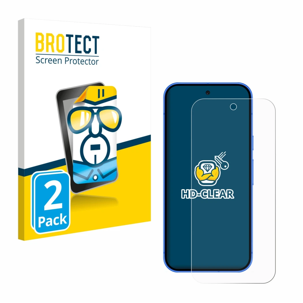 Front side of a product packaging with the brand logo BROTECT. Next to it is the device Google Pixel 10 shown with the corresp