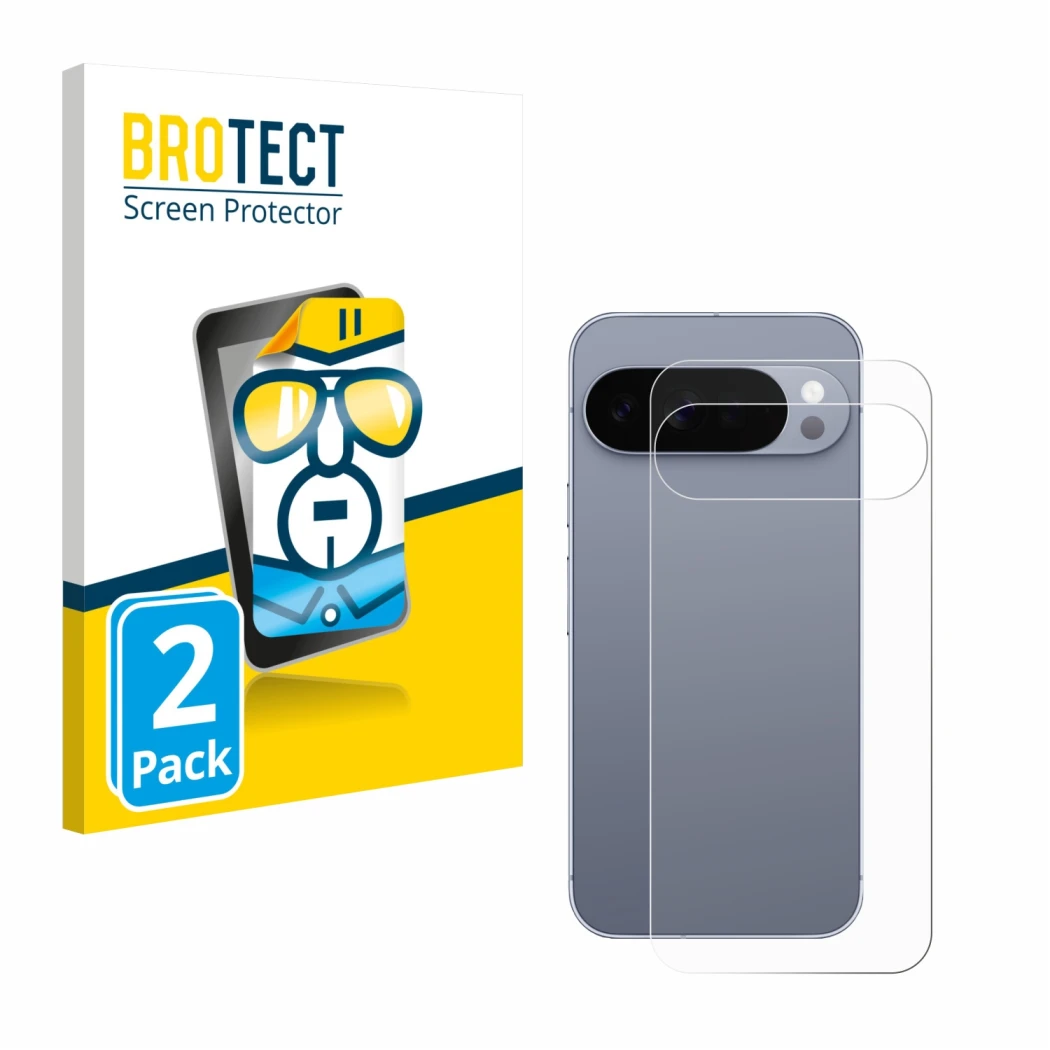 Front side of a product packaging with the brand logo BROTECT. Next to it is the device Google Pixel 10 Pro XL (Back) shown wi
