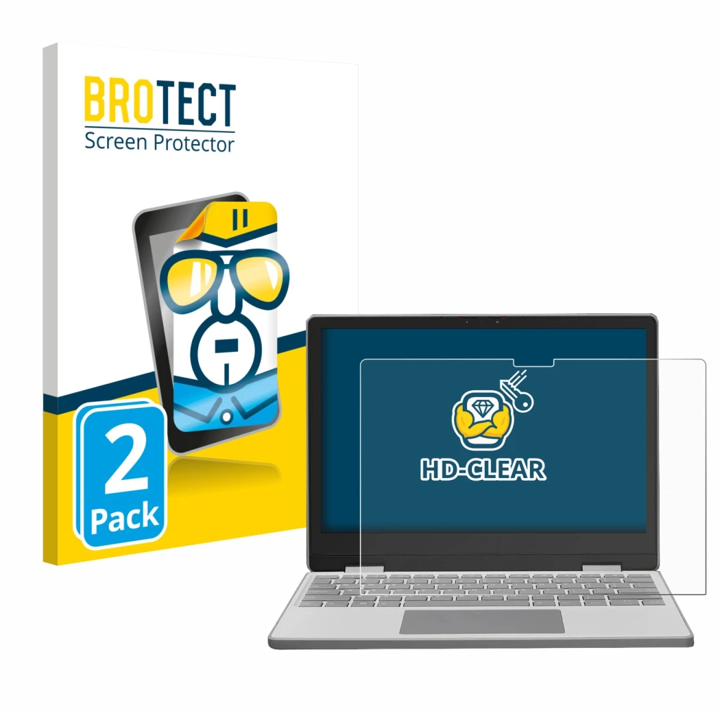 Front side of a product packaging with the brand logo BROTECT. Next to it is the device Framework Laptop 12 shown with the cor