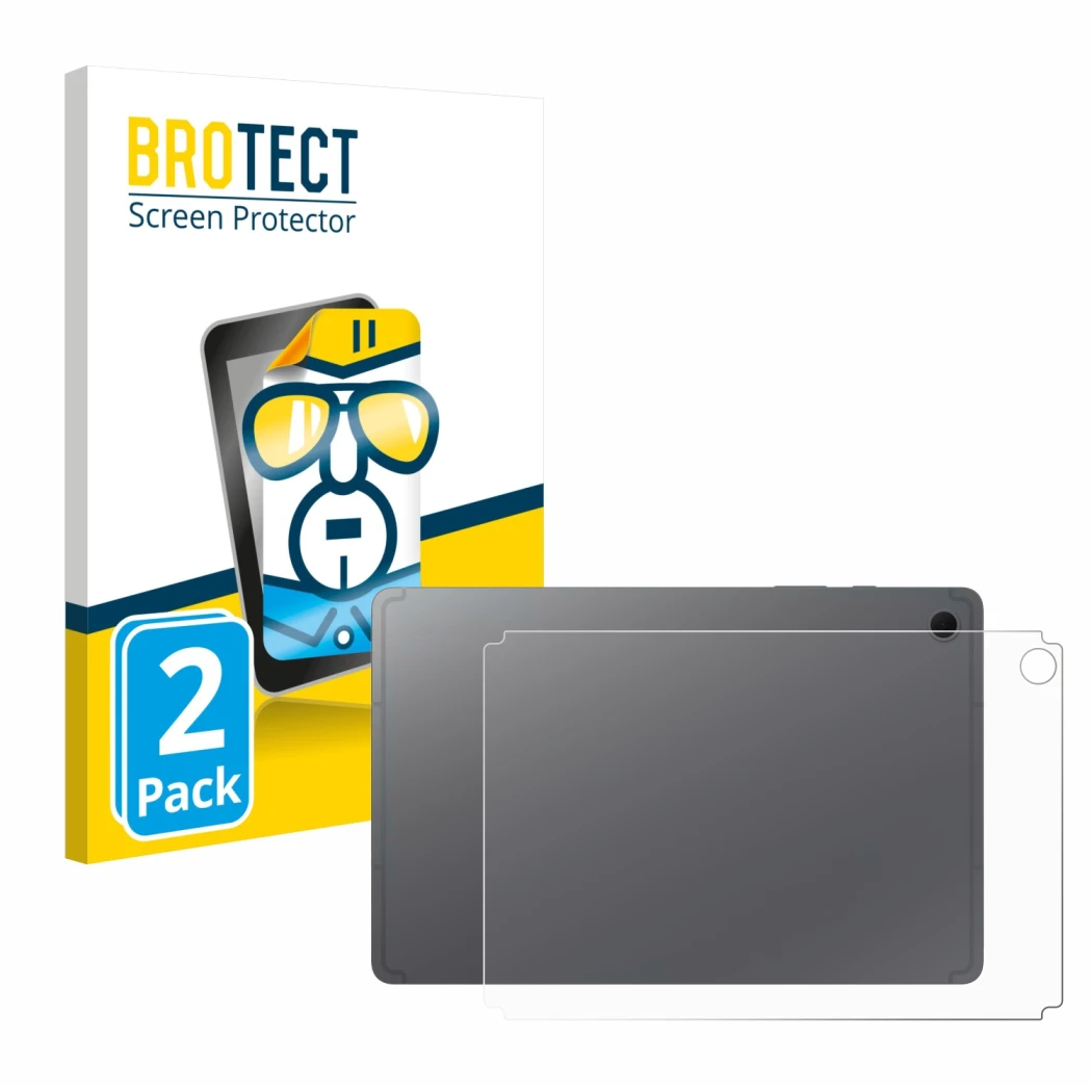 Front side of a product packaging with the brand logo BROTECT. Next to it is the device Samsung Galaxy Tab S10 Lite (Back) sho