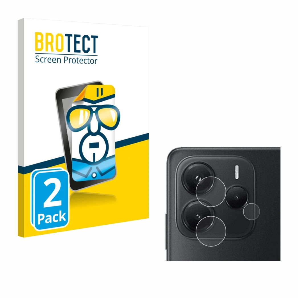 Front side of a product packaging with the brand logo BROTECT. Next to it is the device Xiaomi Redmi Note 14 4G (ONLY Camera L