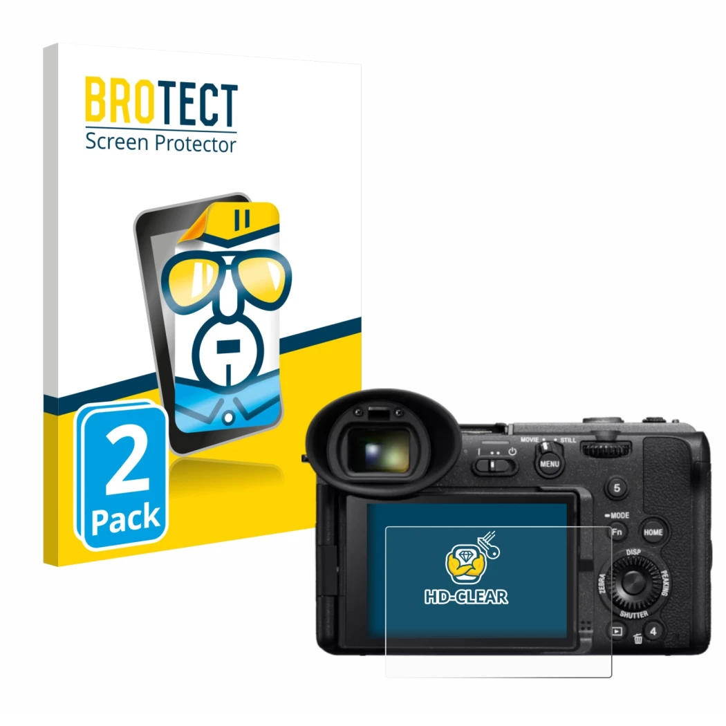 Front side of a product packaging with the brand logo BROTECT. Next to it is the device Sony Cinema Line FX2 shown with the co