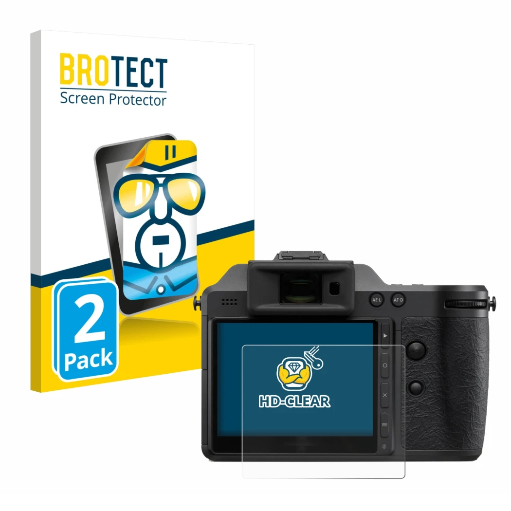 Front side of a product packaging with the brand logo BROTECT. Next to it is the device Hasselblad X2D II 100C shown with the 