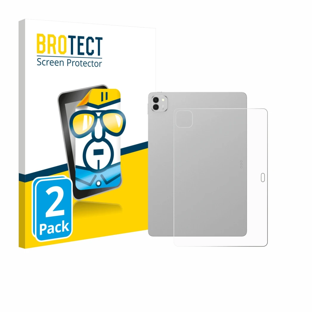 Front side of a product packaging with the brand logo BROTECT. Next to it is the device Honor Magicpad 3 (Back) shown with the