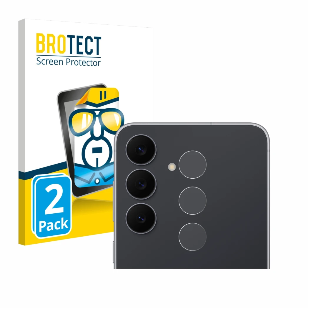 Front side of a product packaging with the brand logo BROTECT. Next to it is the device Samsung Galaxy S25 FE (ONLY Camera Len