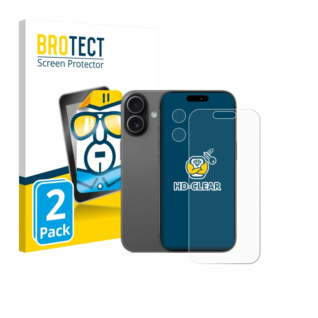 Front side of a product packaging with the brand logo BROTECT. Next to it is the device Apple iPhone 17 (Front+Camera) shown w