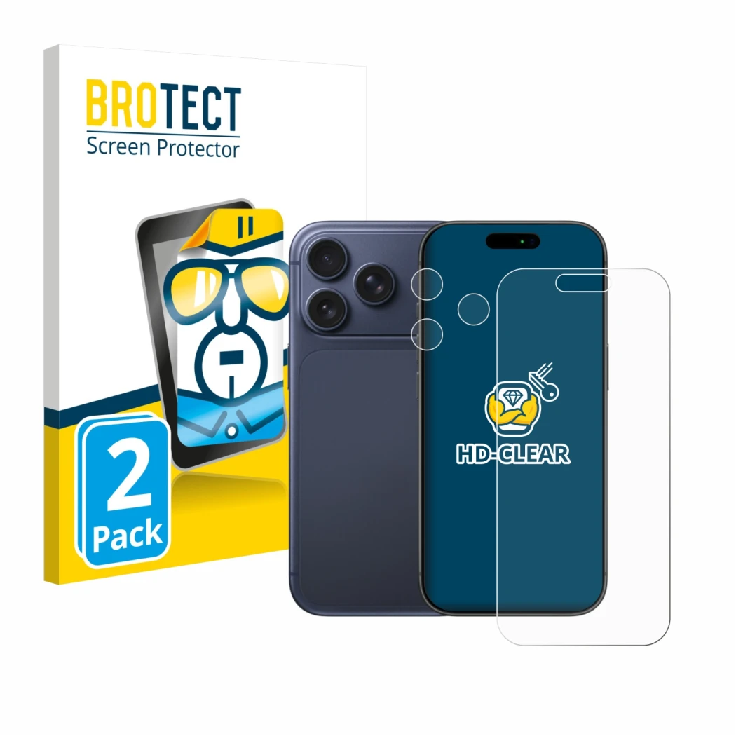 Front side of a product packaging with the brand logo BROTECT. Next to it is the device Apple iPhone 17 Pro (Front+Camera) sho