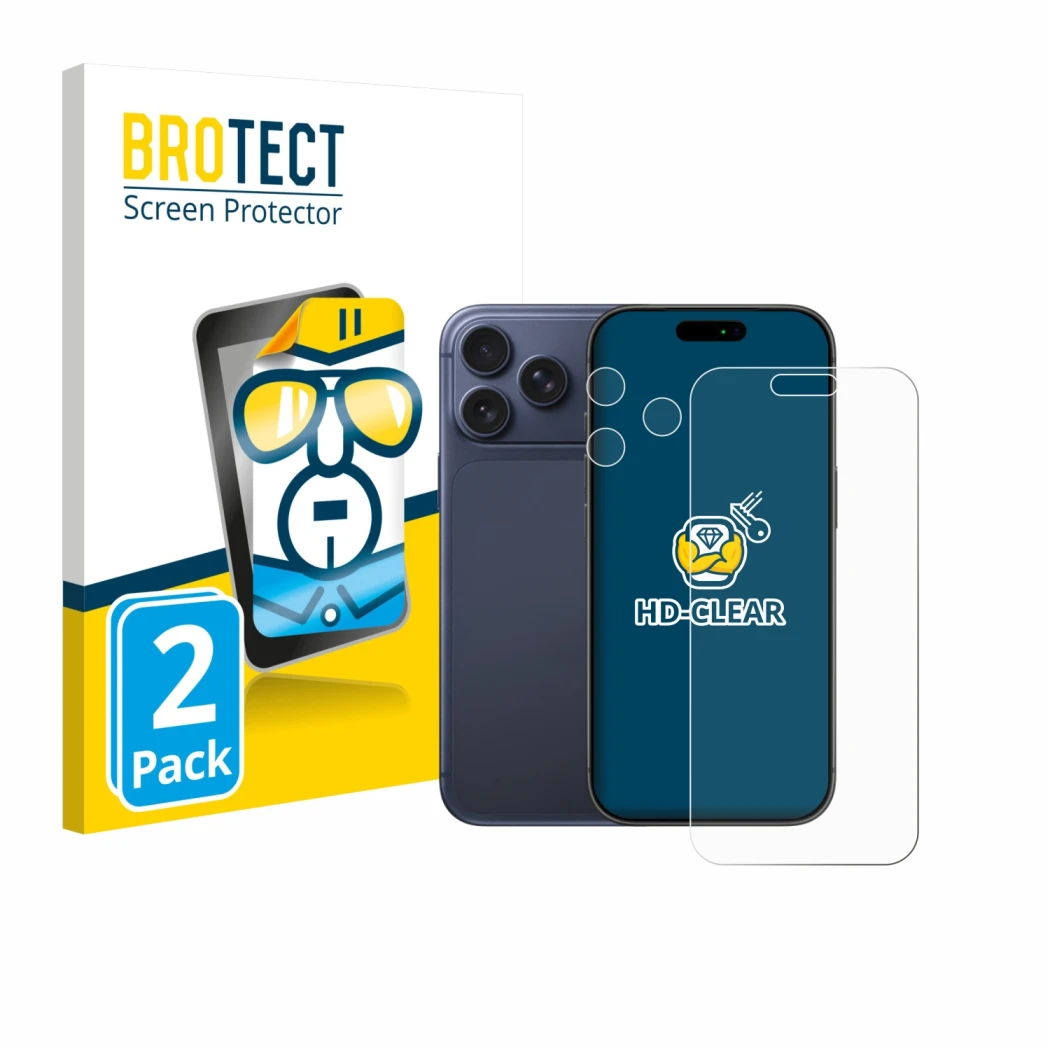 Front side of a product packaging with the brand logo BROTECT. Next to it is the device Apple iPhone 17 Pro Max (Front+Camera)