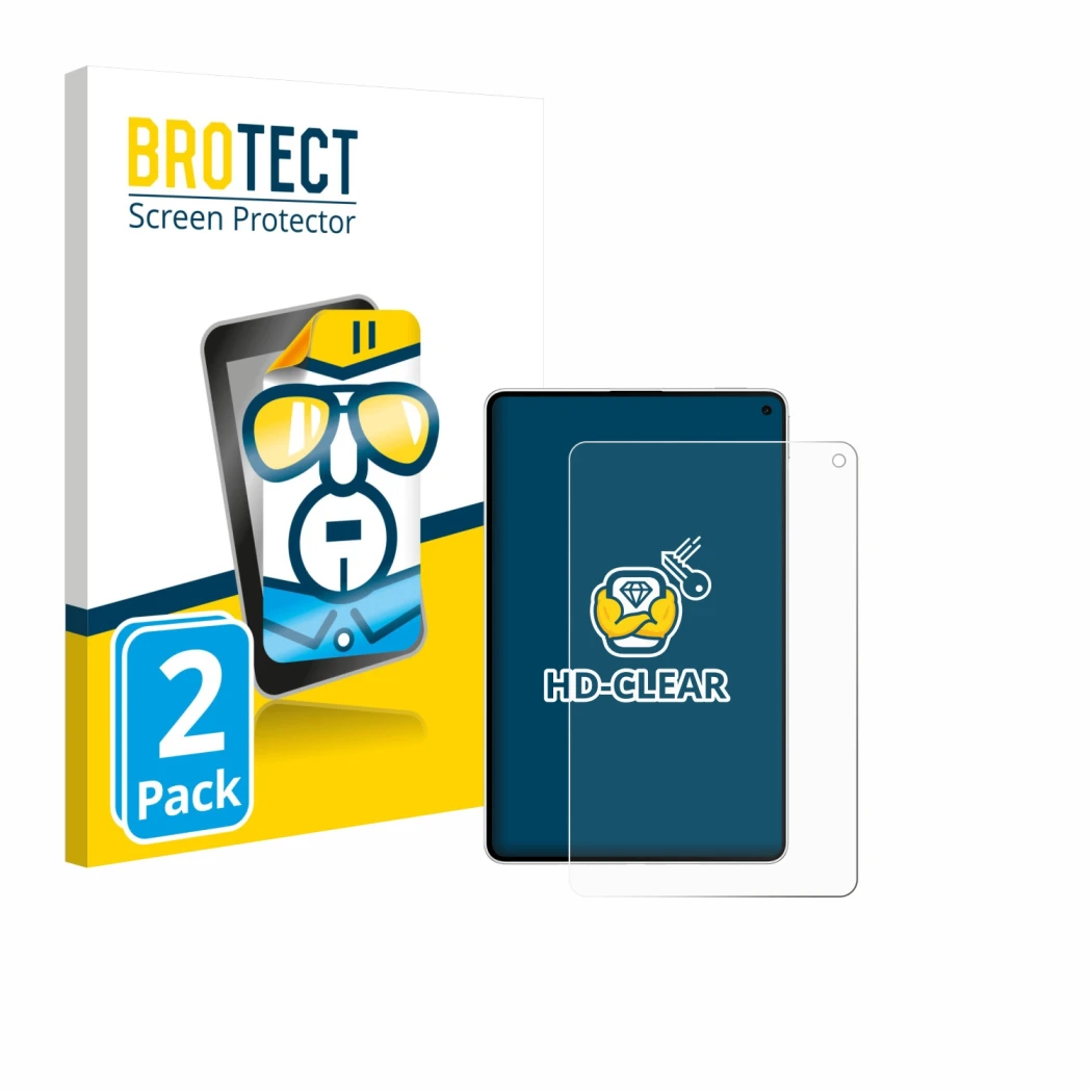 Front side of a product packaging with the brand logo BROTECT. Next to it is the device Huawei MatePad Mini shown with the cor