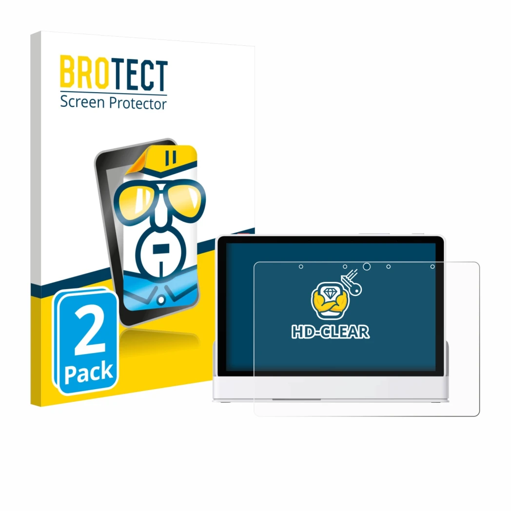 Front side of a product packaging with the brand logo BROTECT. Next to it is the device eufy Smart Display E10 shown with the 
