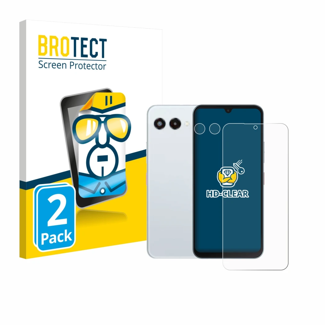 Front side of a product packaging with the brand logo BROTECT. Next to it is the device Telekom T Phone 3 (Front+Camera) shown