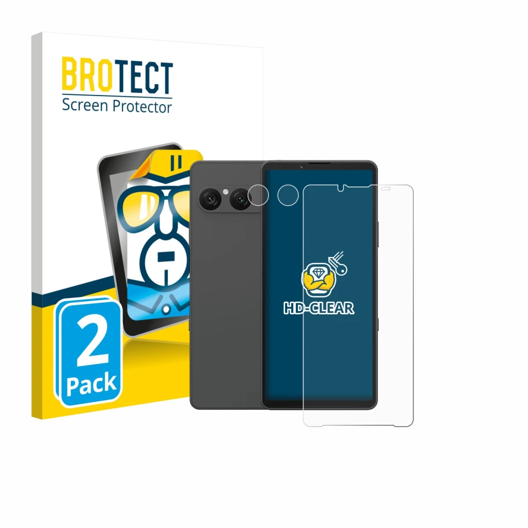 Front side of a product packaging with the brand logo BROTECT. Next to it is the device Sony Xperia 10 VII (Front+Camera) show