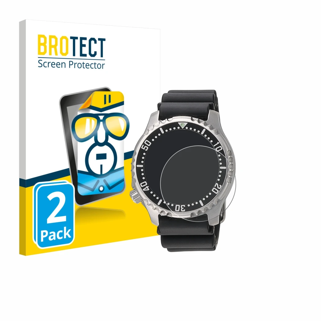 Front side of a product packaging with the brand logo BROTECT. Next to it is the device Citizen NY0040 shown with the correspo