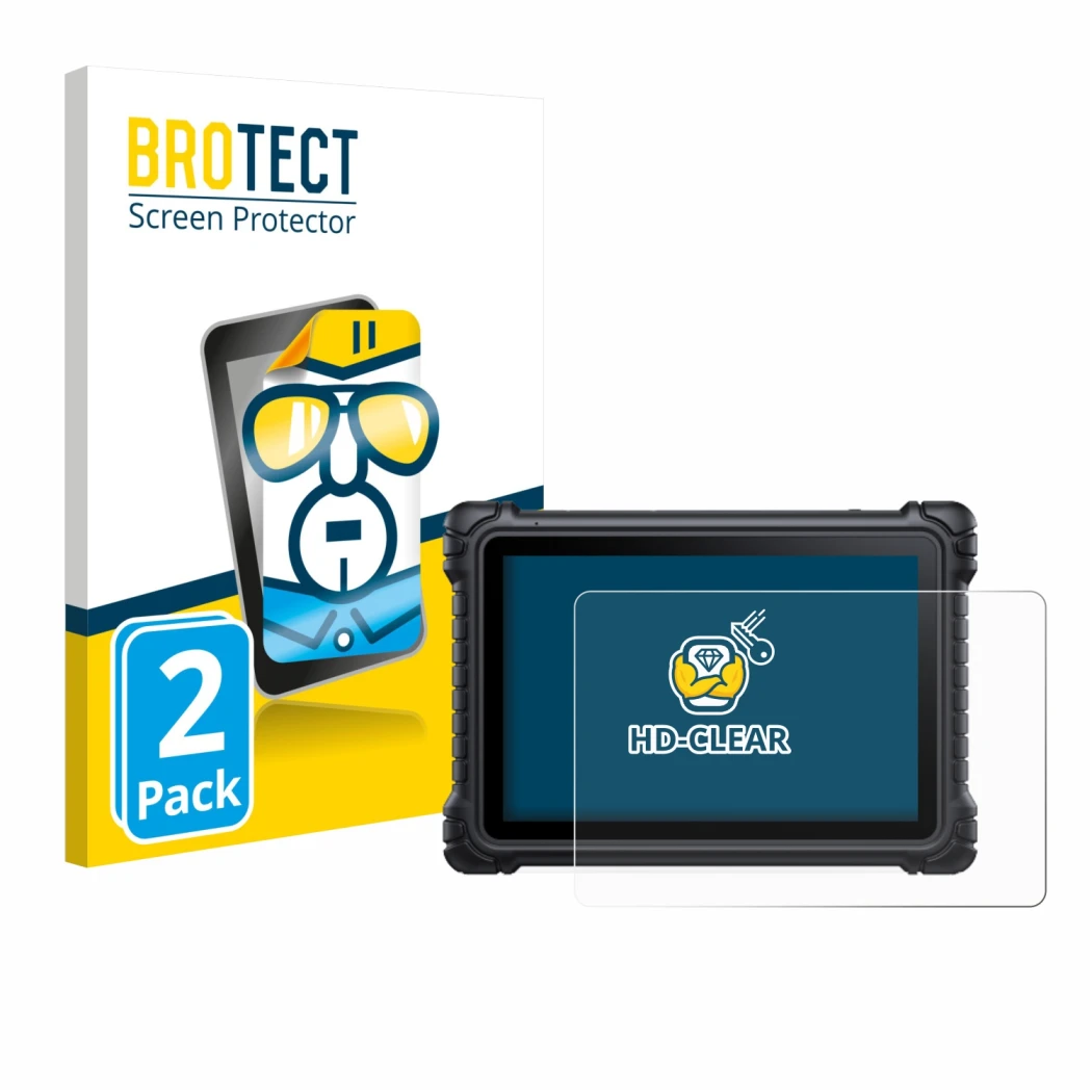 Front side of a product packaging with the brand logo BROTECT. Next to it is the device iCarsoft CR Eagle shown with the corre