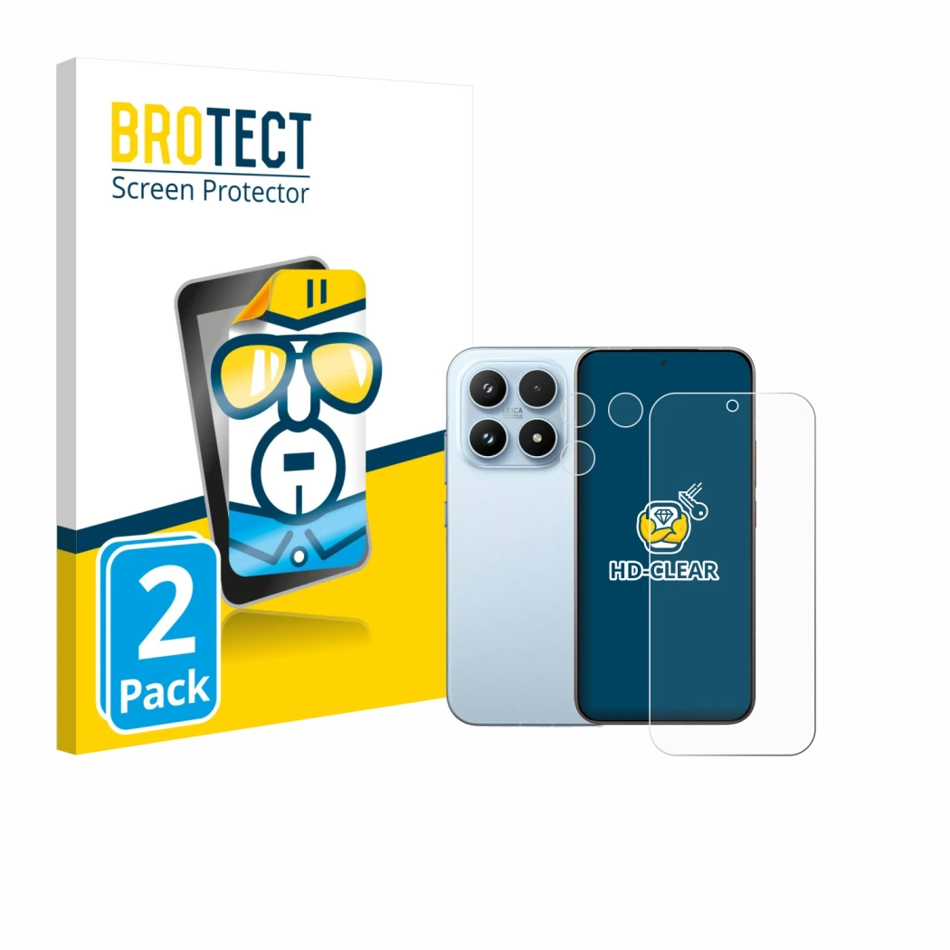 Front side of a product packaging with the brand logo BROTECT. Next to it is the device Xiaomi 17 (Front+Camera) shown with th