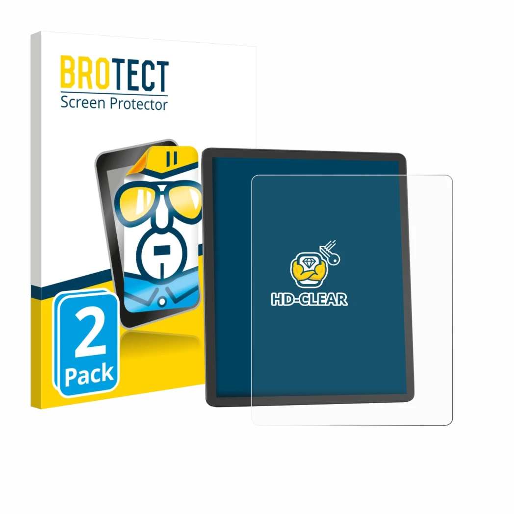 Front side of a product packaging with the brand logo BROTECT. Next to it is the device Amazon Kindle Scribe 2025 shown with t
