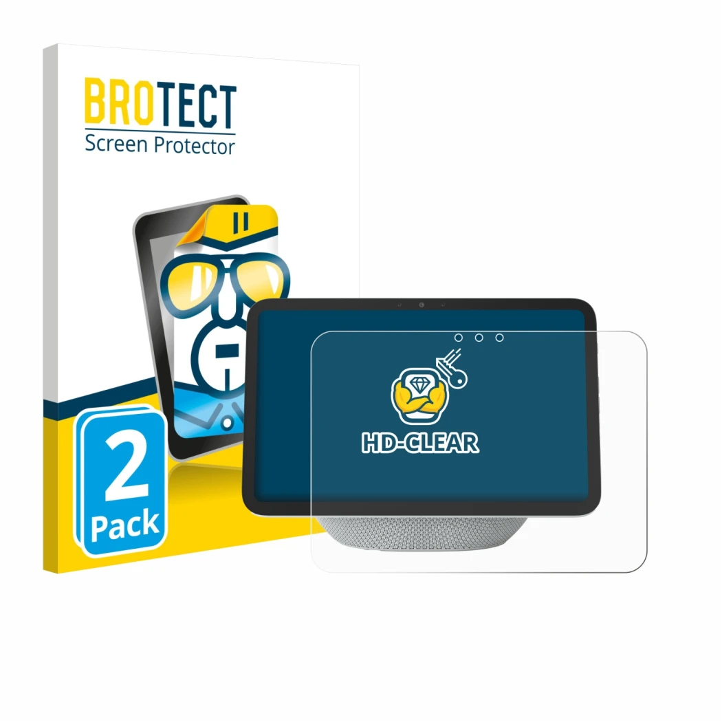 Front side of a product packaging with the brand logo BROTECT. Next to it is the device Amazon Echo Show 8 2025 (4th Gen.) sho