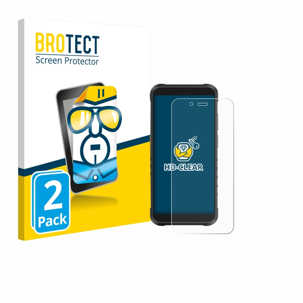 Front side of a product packaging with the brand logo BROTECT. Next to it is the device Ulefone RugKing shown with the corresp