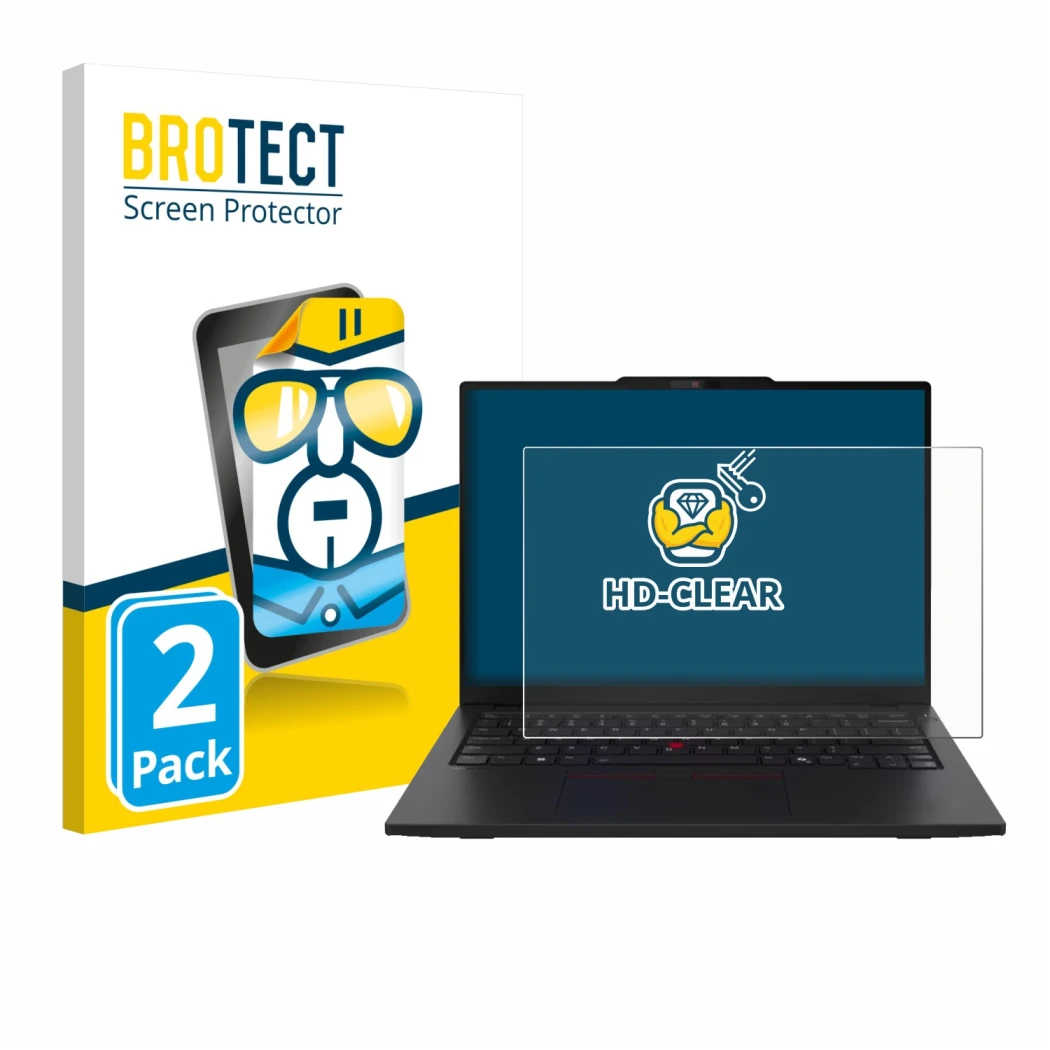 Front side of a product packaging with the brand logo BROTECT. Next to it is the device Lenovo ThinkPad L13 Gen 6 shown with t