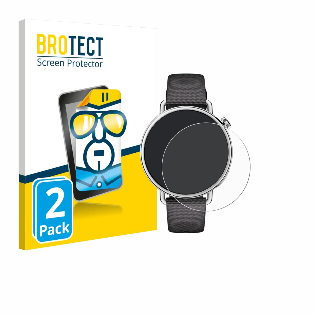 Front side of a product packaging with the brand logo BROTECT. Next to it is the device Xiaomi Watch S4 (41 mm) shown with the