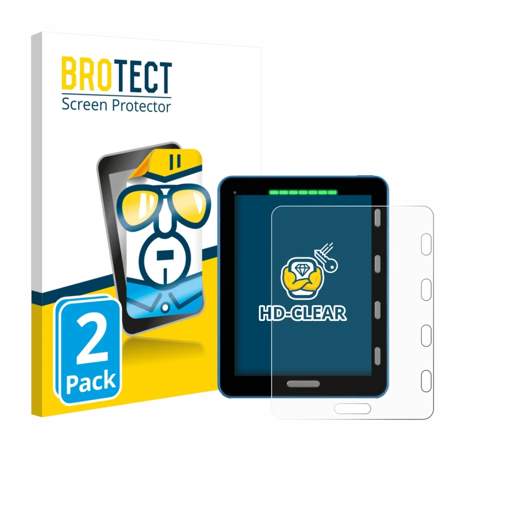Front side of a product packaging with the brand logo BROTECT. Next to it is the device Vakaros Atlas 2 / Edge shown with the 