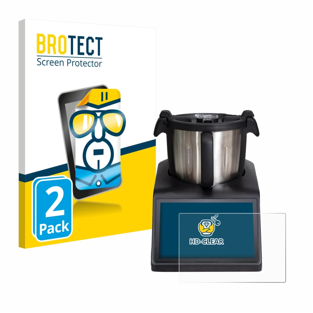 Front side of a product packaging with the brand logo BROTECT. Next to it is the device Ufesa TotalChef RK10 shown with the co