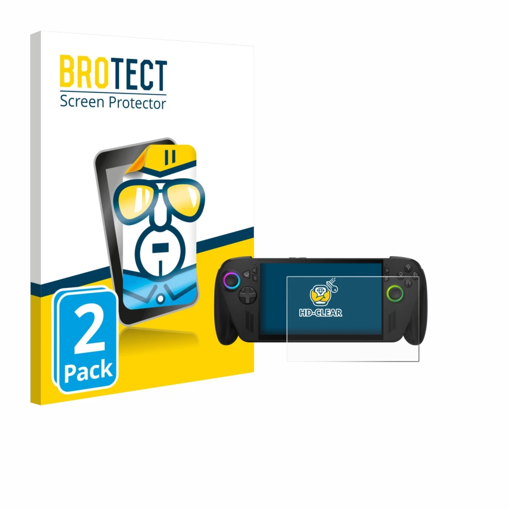 Front side of a product packaging with the brand logo BROTECT. Next to it is the device ASUS ROG Ally X 2025 shown with the co