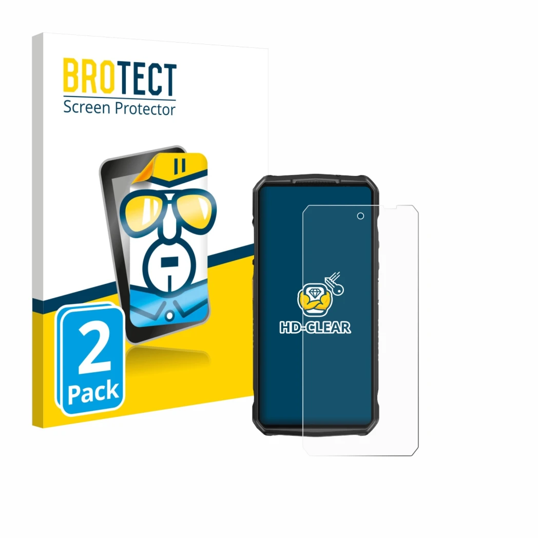 Front side of a product packaging with the brand logo BROTECT. Next to it is the device Ulefone 29 pro shown with the correspo
