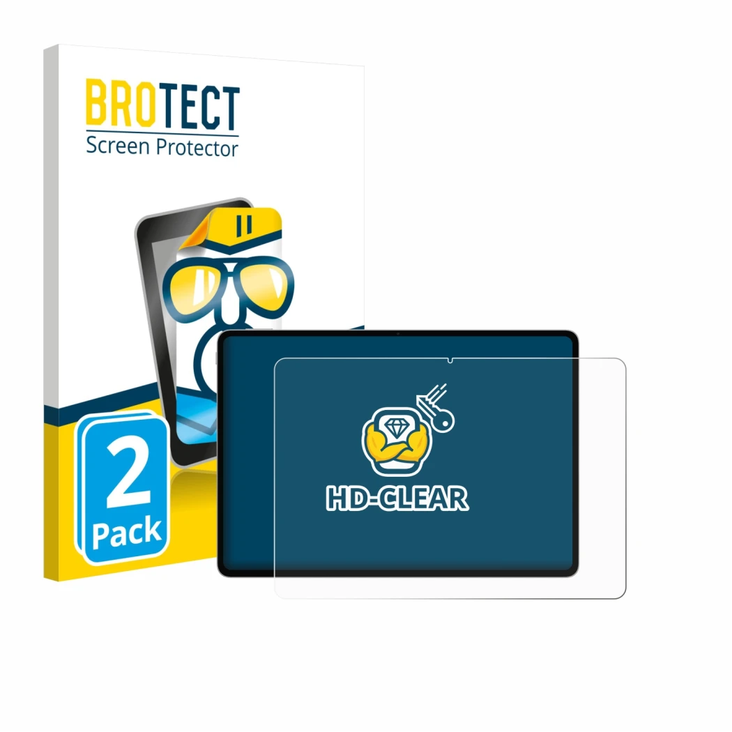 Front side of a product packaging with the brand logo BROTECT. Next to it is the device Honor Magicpad 3 Pro shown with the co