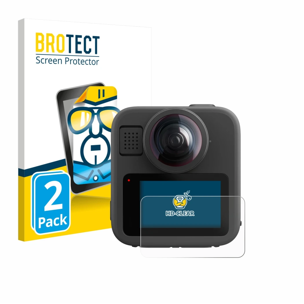 Front side of a product packaging with the brand logo BROTECT. Next to it is the device GoPro Max 2 shown with the correspondi