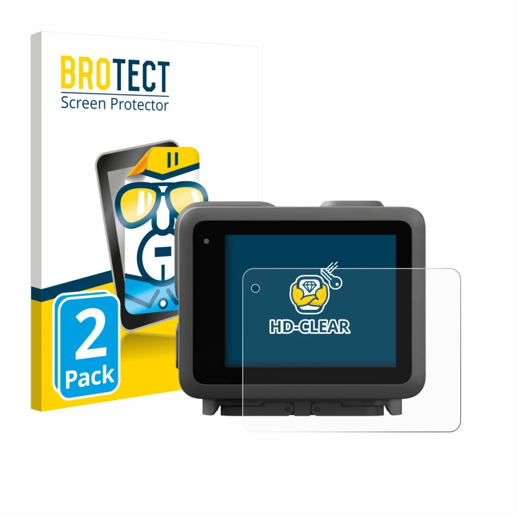 Front side of a product packaging with the brand logo BROTECT. Next to it is the device GoPro Lit Hero shown with the correspo