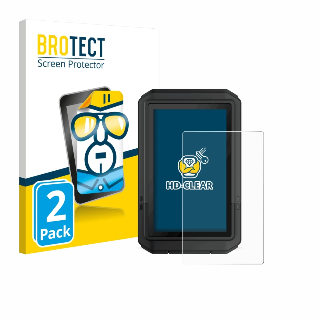 Front side of a product packaging with the brand logo BROTECT. Next to it is the device Garmin eTrex Touch 2025 shown with the
