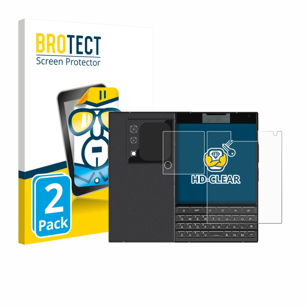 Front side of a product packaging with the brand logo BROTECT. Next to it is the device Unihertz Titan 2 (Front+Camera) shown