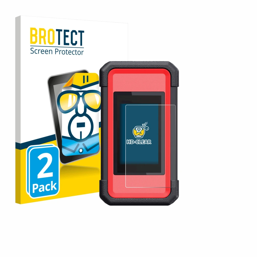 Front side of a product packaging with the brand logo BROTECT. Next to it is the device Launch X431 SmartLink C V2.0 shown wit