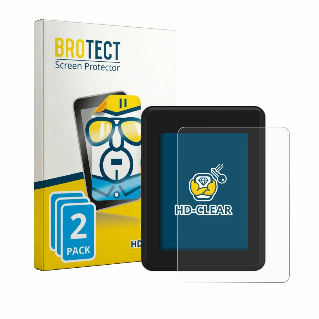 Front side of a product packaging with the brand logo BROTECT. Next to it is the device Neodrives simplyDisplay shown with the