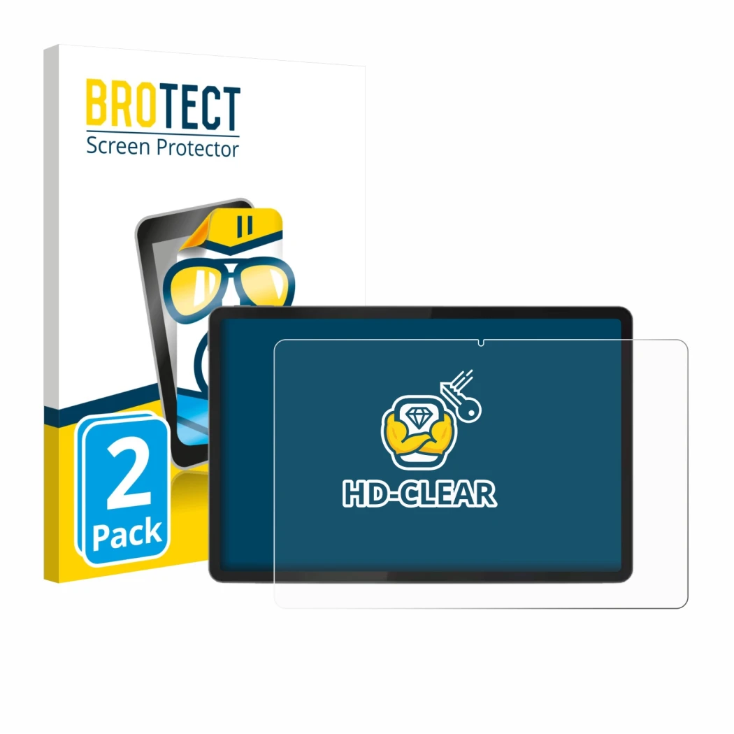 Front side of a product packaging with the brand logo BROTECT. Next to it is the device Lenovo Tab K11 (2nd Gen.) shown with t