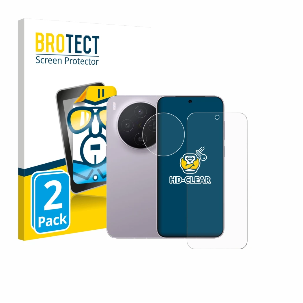 Front side of a product packaging with the brand logo BROTECT. Next to it is the device Vivo X300 Pro (Front+Camera) shown wit