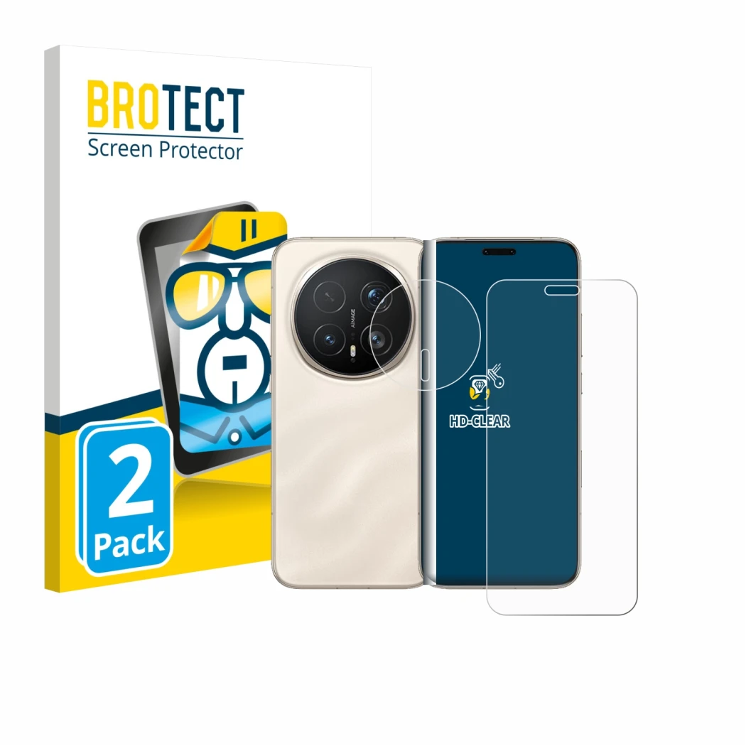 Front side of a product packaging with the brand logo BROTECT. Next to it is the device Honor Magic 8 Pro (Front+Camera) shown