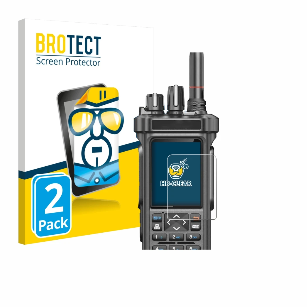 Front side of a product packaging with the brand logo BROTECT. Next to it is the device Radtel RT-950 Pro shown with the corre