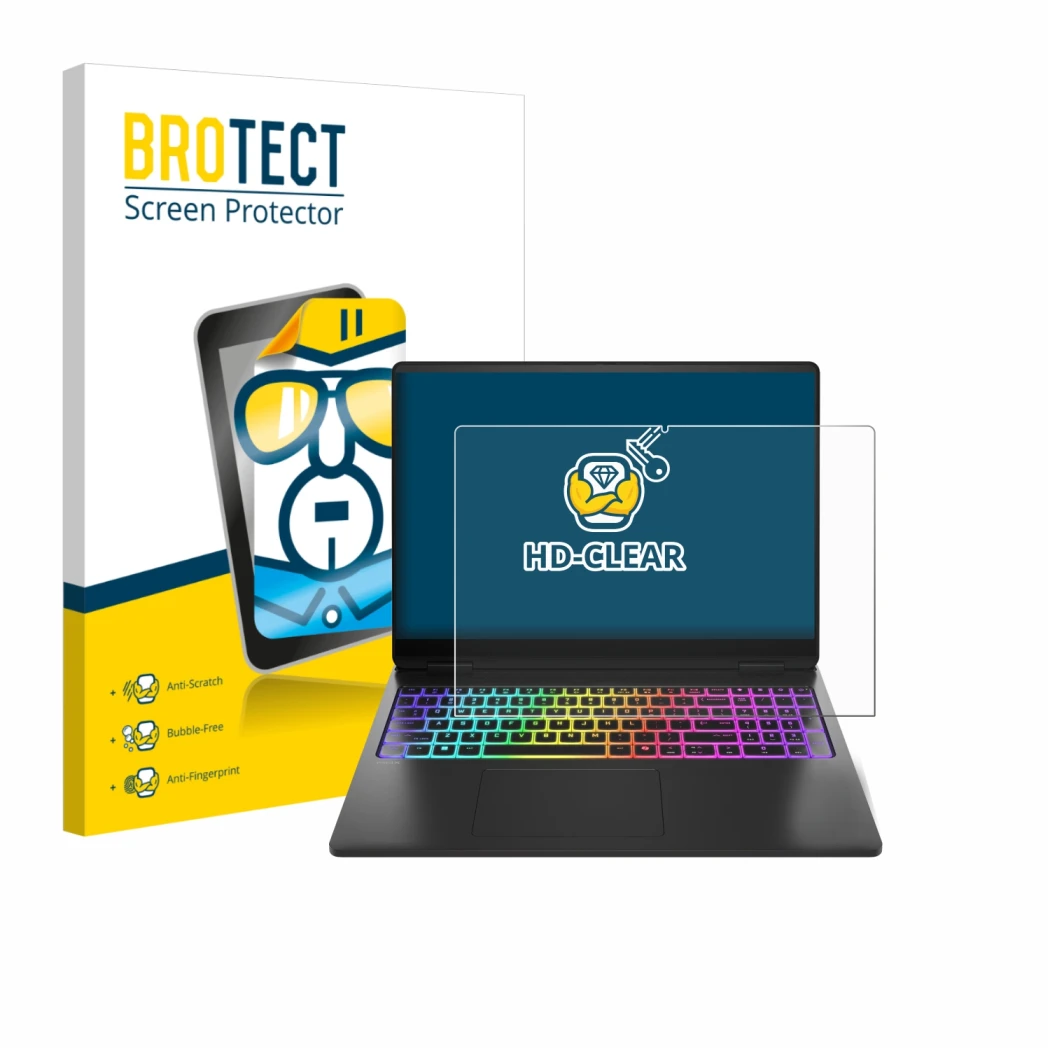 Front side of a product packaging with the brand logo BROTECT. Next to it is the device HP Omen Max 16 shown with the correspo